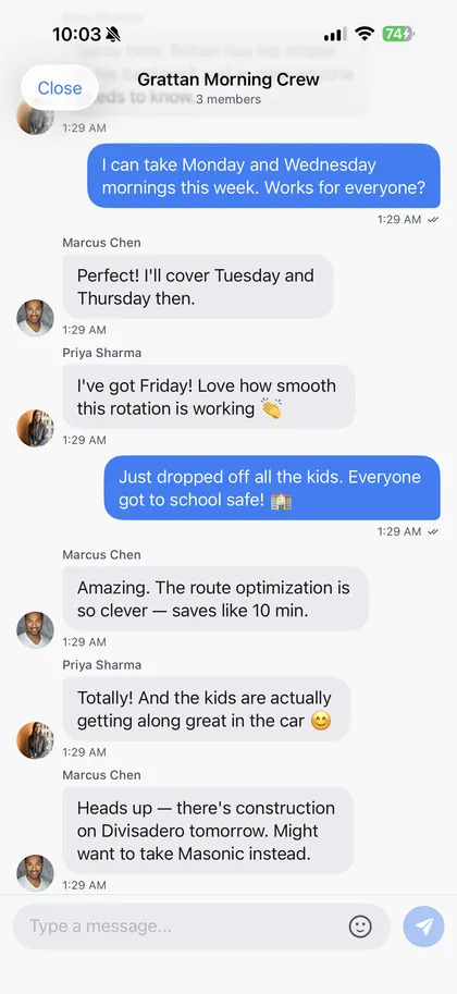 RideCircles chat screen showing parents coordinating driving details inside the circle