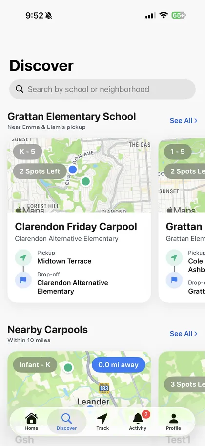 RideCircles School Circles screen showing private circles connected to your school
