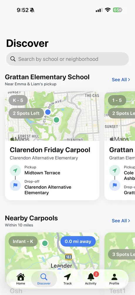 RideCircles discover screen showing nearby carpool circles