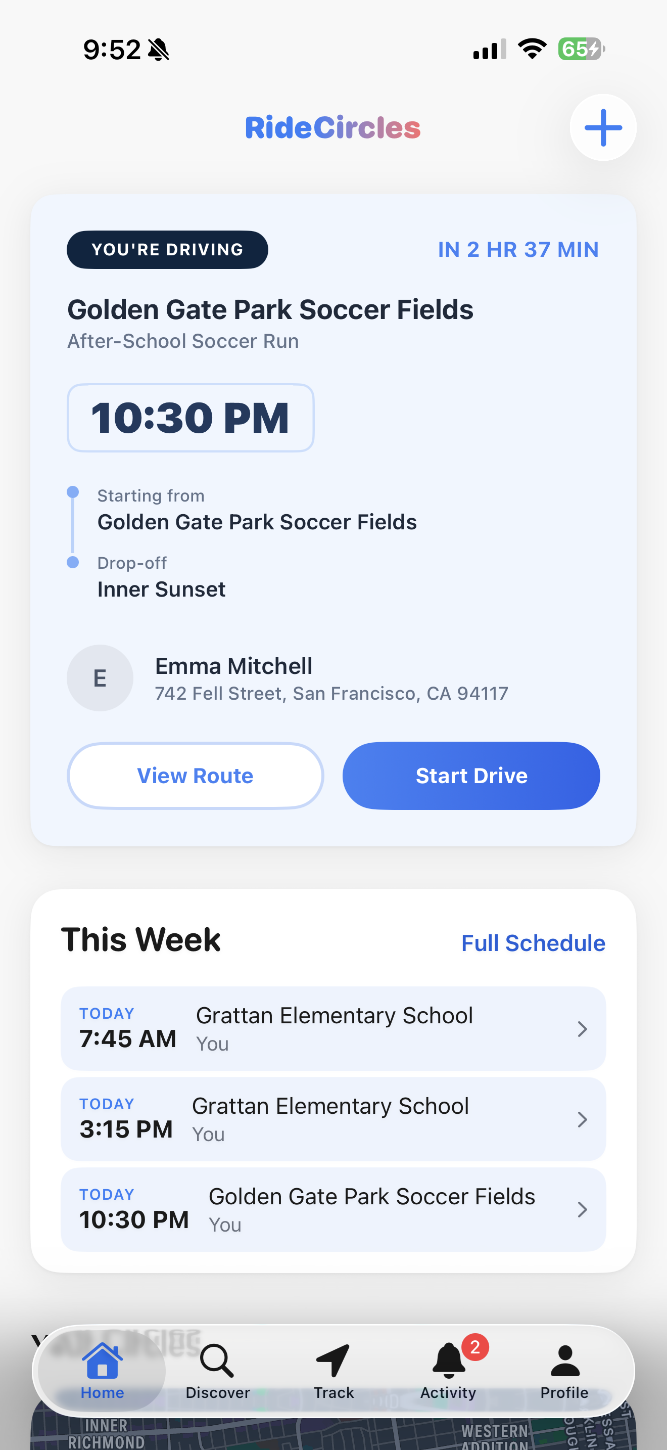 RideCircles app — home dashboard showing today's driving assignment and weekly schedule