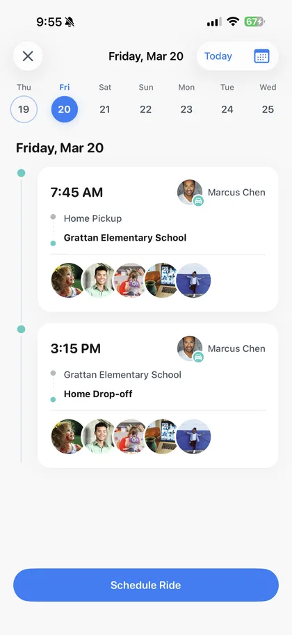 RideCircles weekly schedule showing driving assignments per day