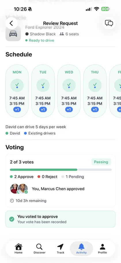 RideCircles approval screen showing every parent votes on a new join request